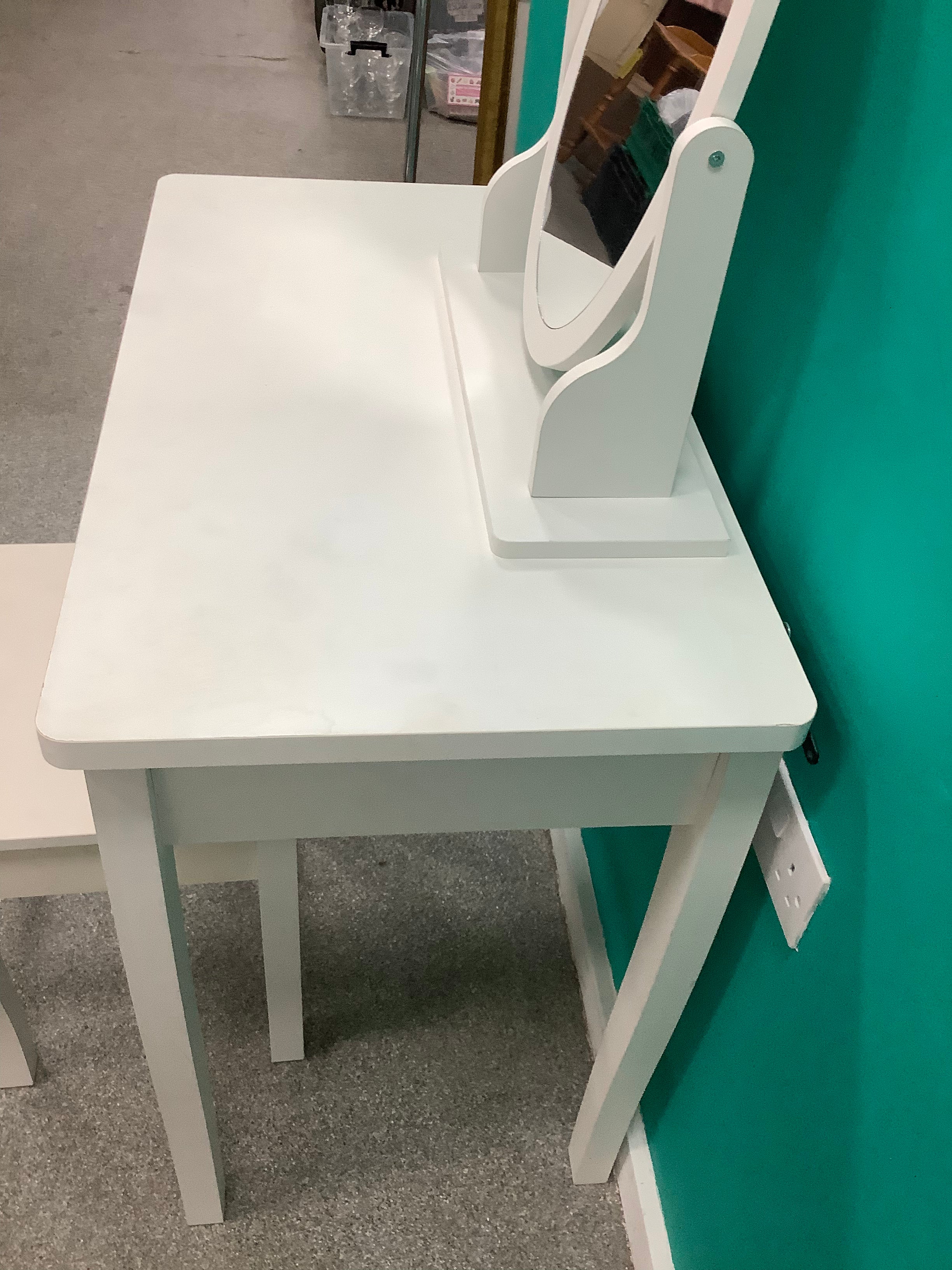 White wooden vanity set with single drawer mirror and square stool 170826004