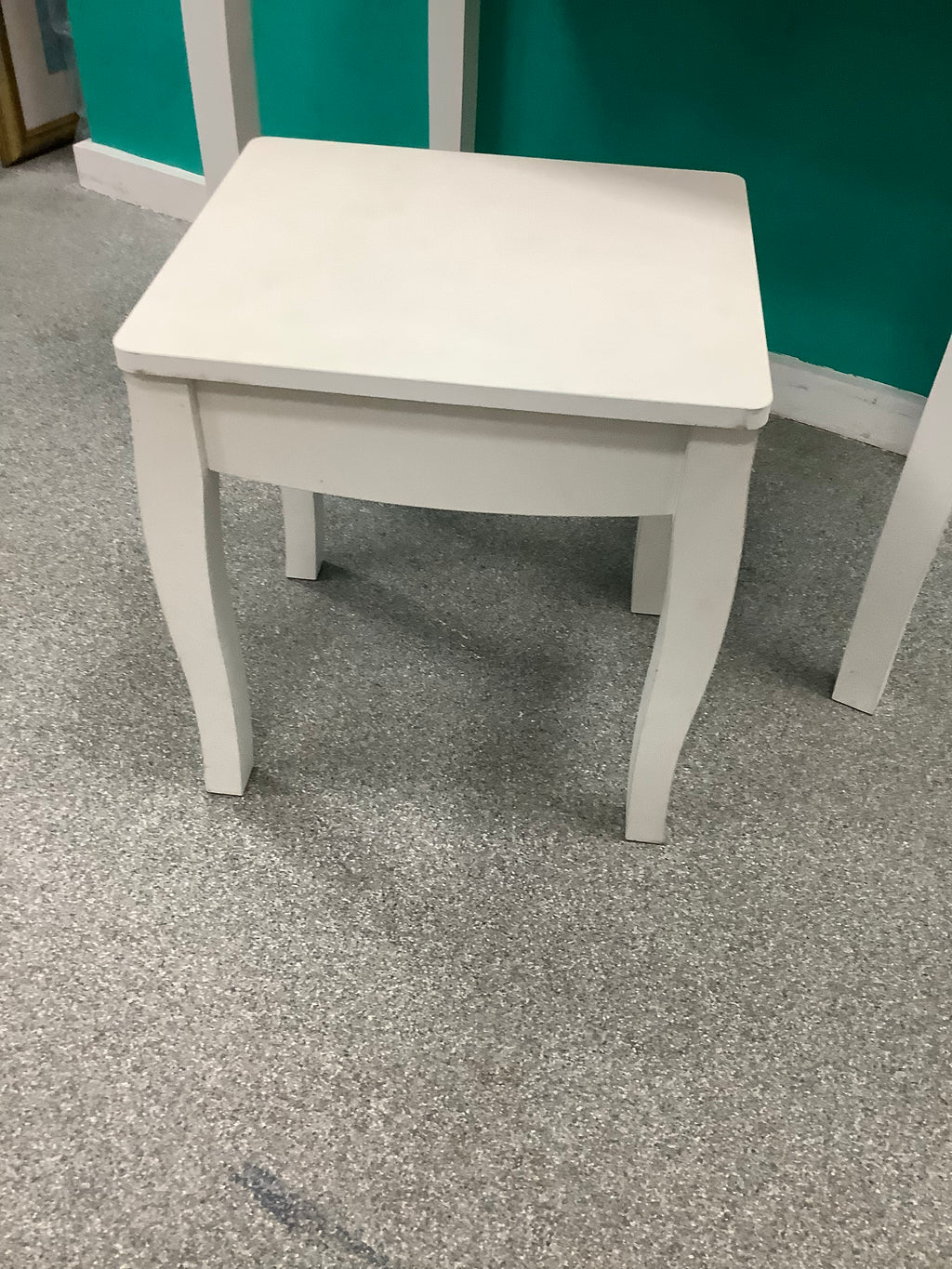 White wooden vanity set with single drawer mirror and square stool 170826004