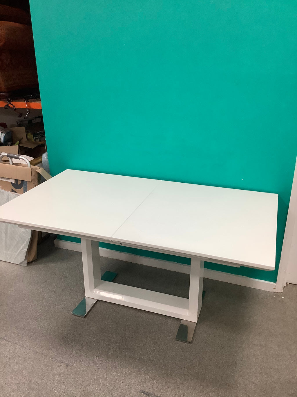 White high-gloss extendable dining table with a rectangular pedestal base with polished chrome floor base 170826006