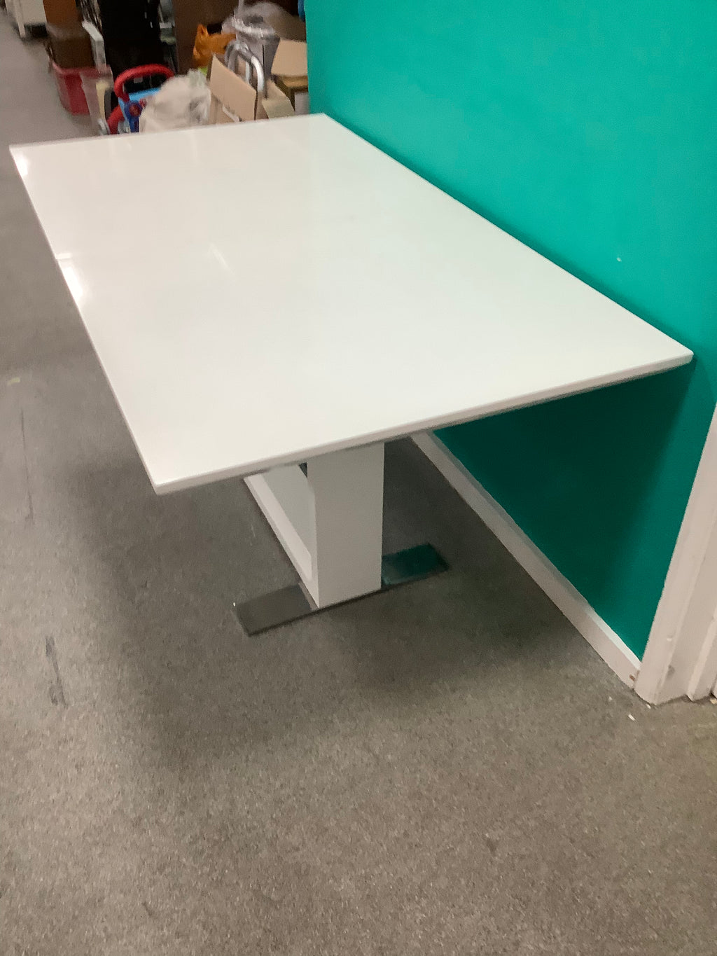 White high-gloss extendable dining table with a rectangular pedestal base with polished chrome floor base 170826006