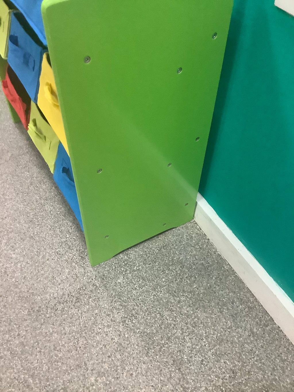 green 3-tier children's storage unit features nine colorful, removable fabric boxes with handle loops for organizing toys and books 190826002