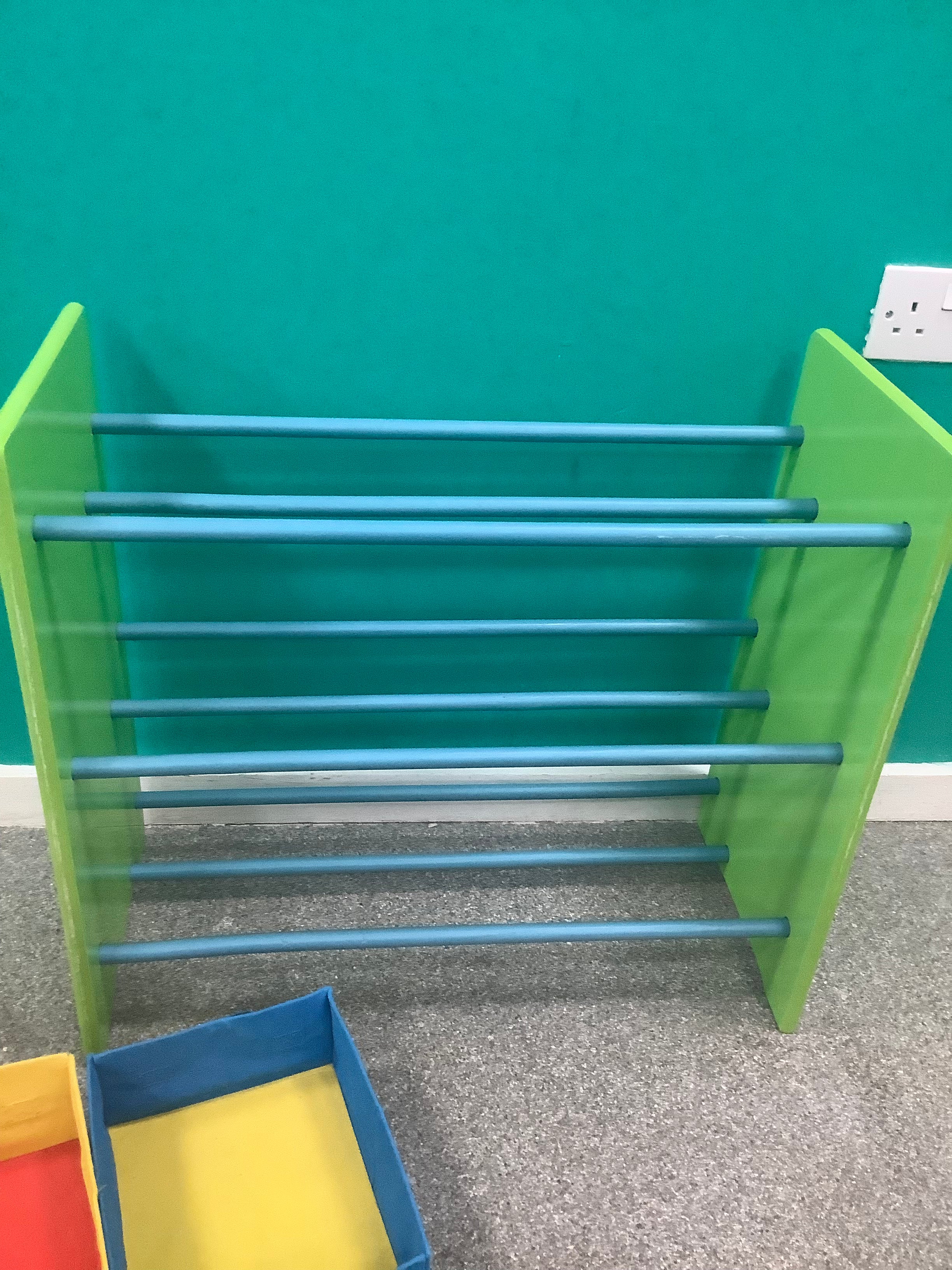 green 3-tier children's storage unit features nine colorful, removable fabric boxes with handle loops for organizing toys and books 190826002